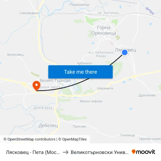 Лясковец - Пета (Моста) / Lyaskovets - Fifth (The Bridge) to Великотърновски Университет ""Св. Св. Кирил И Методий"" map