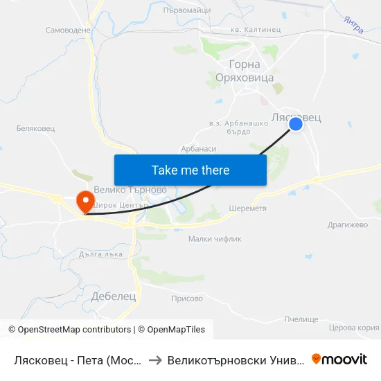 Лясковец - Пета (Моста) / Lyaskovets - Fifth (The Bridge) to Великотърновски Университет ""Св. Св. Кирил И Методий"" map