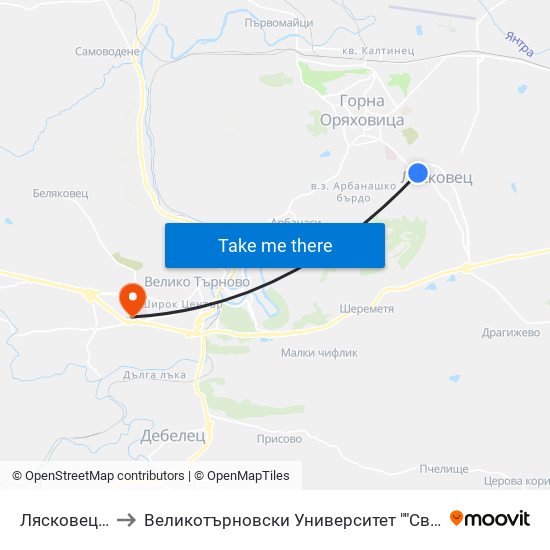 Лясковец - Шеста to Великотърновски Университет ""Св. Св. Кирил И Методий"" map