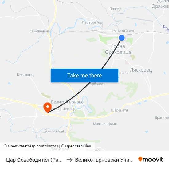 Цар Освободител (Раховец) / Tsar Osvoboditel (Rahovets) to Великотърновски Университет ""Св. Св. Кирил И Методий"" map