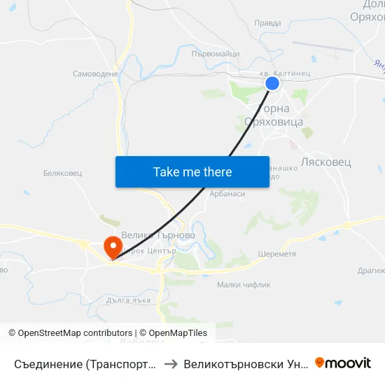 Съединение (Транспортна Болница) / Saedinenie (Transport Hospital) to Великотърновски Университет ""Св. Св. Кирил И Методий"" map