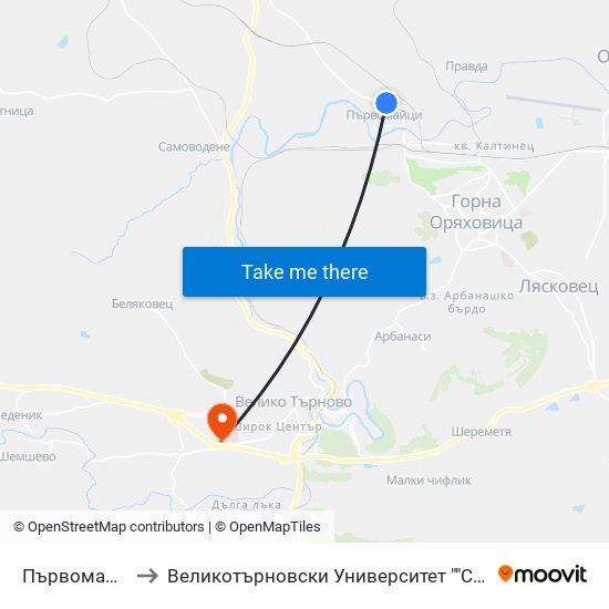 Първомайци - Пета to Великотърновски Университет ""Св. Св. Кирил И Методий"" map