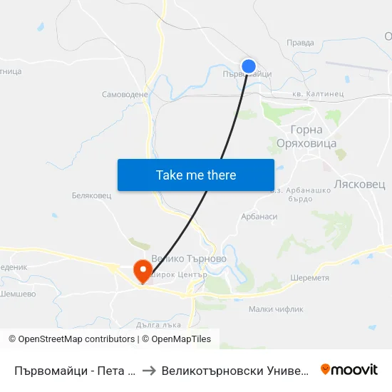 Първомайци - Пета (Съвет) / Parvomaytsi - Fifth to Великотърновски Университет ""Св. Св. Кирил И Методий"" map