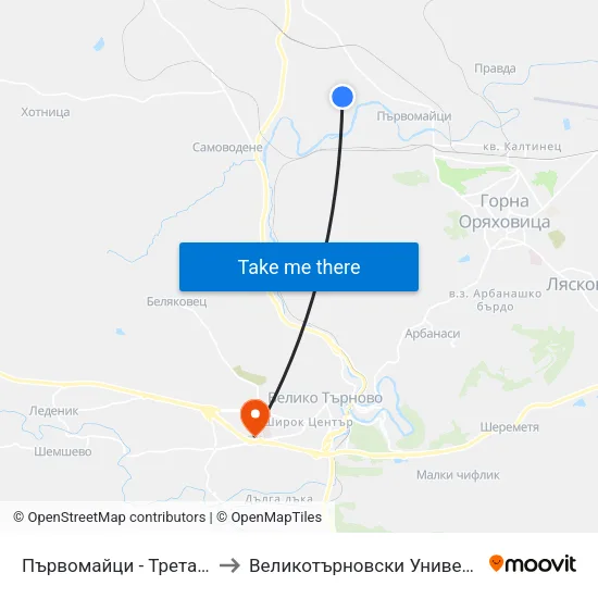 Първомайци - Трета (Стола) / Parvomaytsi - Third to Великотърновски Университет ""Св. Св. Кирил И Методий"" map