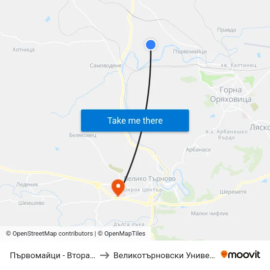 Първомайци - Втора (Ткзс) / Parvomaytsi - Second to Великотърновски Университет ""Св. Св. Кирил И Методий"" map