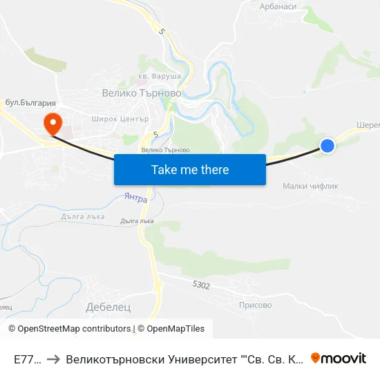 Е772/4 to Великотърновски Университет ""Св. Св. Кирил И Методий"" map