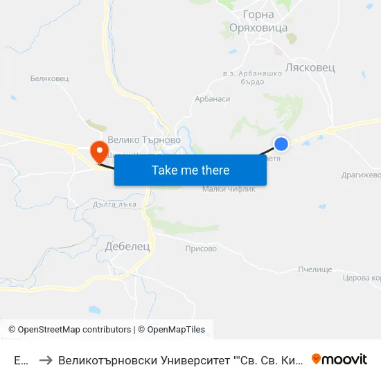Е772 to Великотърновски Университет ""Св. Св. Кирил И Методий"" map