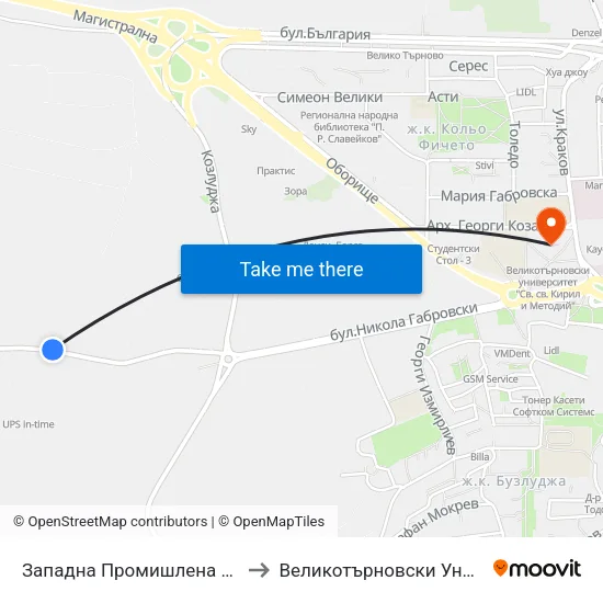 Западна Промишлена Зона - Първа / West Industrial Zone - First to Великотърновски Университет ""Св. Св. Кирил И Методий"" map