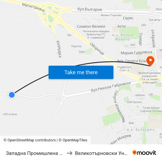 Западна Промишлена Зона - Първа / West Industrial Zone - First to Великотърновски Университет ""Св. Св. Кирил И Методий"" map