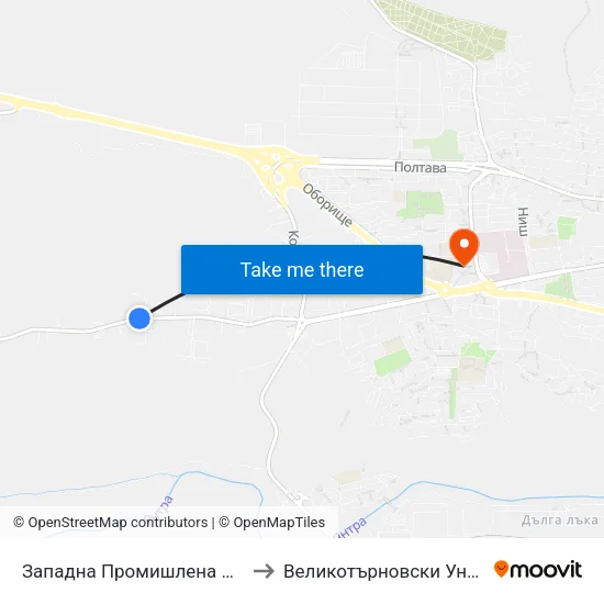 Западна Промишлена Зона - Втора / West Industrial Zone - Second to Великотърновски Университет ""Св. Св. Кирил И Методий"" map