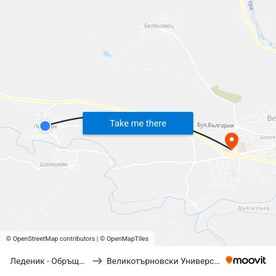 Леденик - Обръщало / Ledenik - Terminus to Великотърновски Университет ""Св. Св. Кирил И Методий"" map