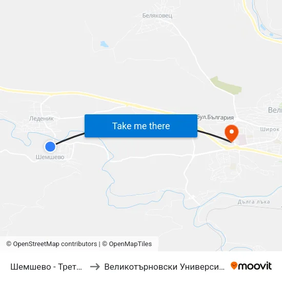 Шемшево - Трета / Shemshevo - Third to Великотърновски Университет ""Св. Св. Кирил И Методий"" map
