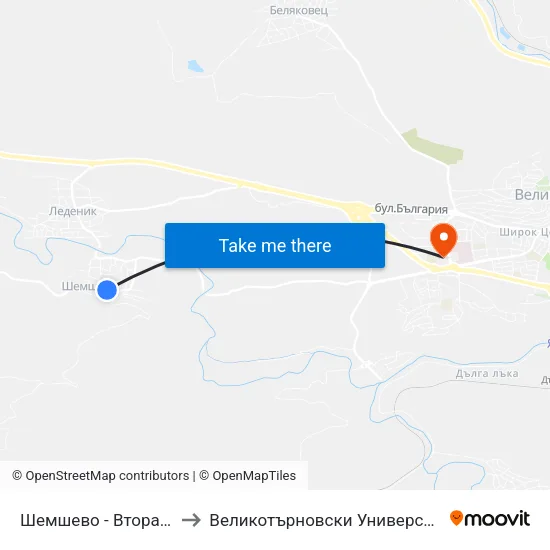 Шемшево - Втора / Shemshevo - Second to Великотърновски Университет ""Св. Св. Кирил И Методий"" map