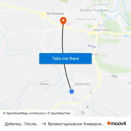 Дебелец - Последна / Debelets - Last to Великотърновски Университет ""Св. Св. Кирил И Методий"" map