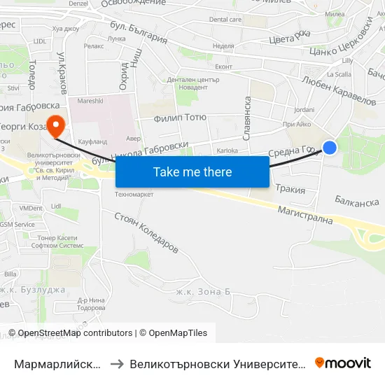 Мармарлийска / Marmarliyska to Великотърновски Университет ""Св. Св. Кирил И Методий"" map