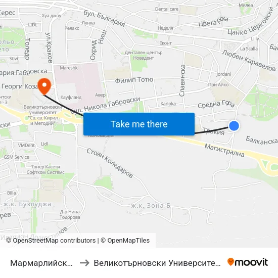 Мармарлийска / Marmarliyska to Великотърновски Университет ""Св. Св. Кирил И Методий"" map