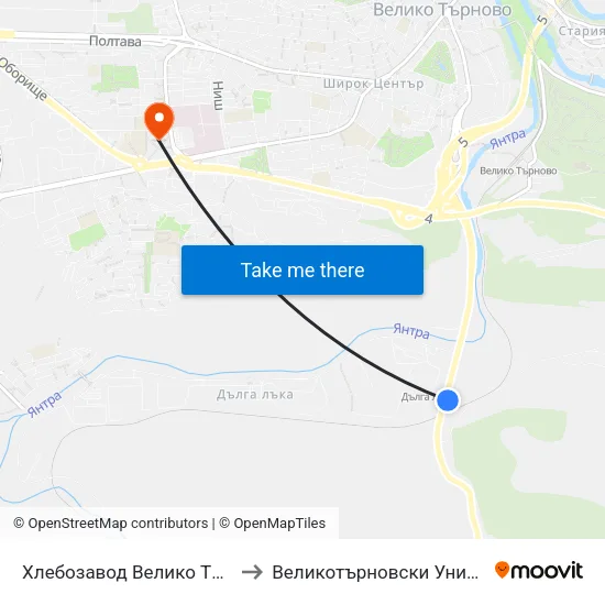Хлебозавод Велико Търново / Veliko Tarnovo Bread Factory to Великотърновски Университет ""Св. Св. Кирил И Методий"" map