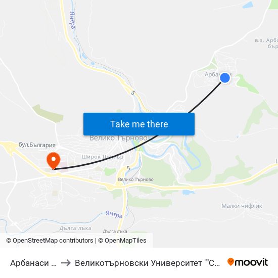 Арбанаси - Център / Arbanasi - Centre to Великотърновски Университет ""Св. Св. Кирил И Методий"" map