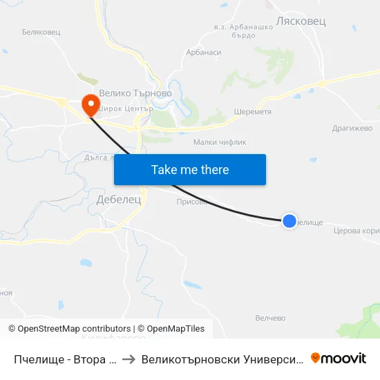 Пчелище - Втора / Pchelishte - Second to Великотърновски Университет ""Св. Св. Кирил И Методий"" map