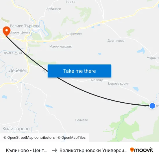 Къпиново - Център / Kapinovo - Centre to Великотърновски Университет ""Св. Св. Кирил И Методий"" map