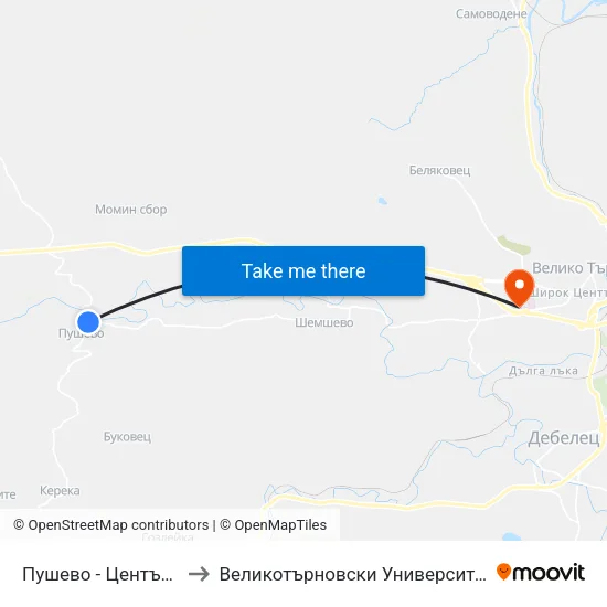 Пушево - Център / Pushevo - Centre to Великотърновски Университет ""Св. Св. Кирил И Методий"" map