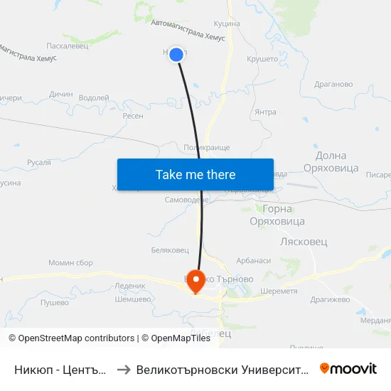 Никюп - Център / Nikyup - Centre to Великотърновски Университет ""Св. Св. Кирил И Методий"" map