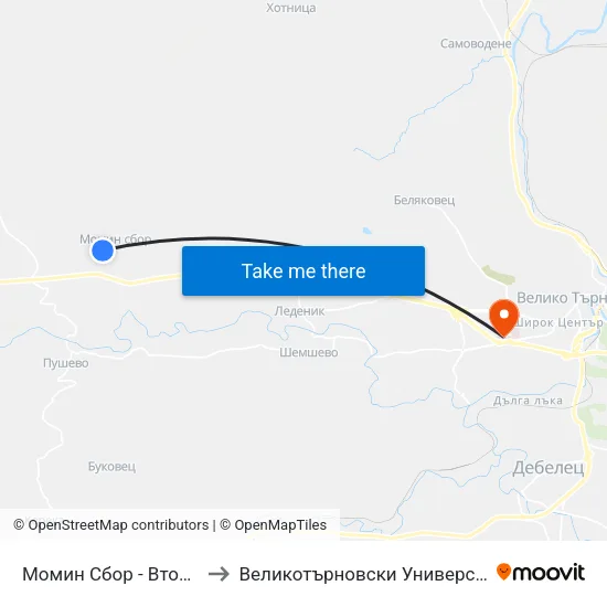 Момин Сбор - Втора / Momin Sbor - Second to Великотърновски Университет ""Св. Св. Кирил И Методий"" map