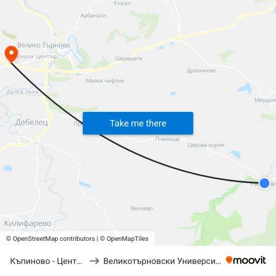 Къпиново - Център / Kapinovo - Centre to Великотърновски Университет ""Св. Св. Кирил И Методий"" map