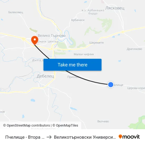 Пчелище - Втора / Pchelishte - Second to Великотърновски Университет ""Св. Св. Кирил И Методий"" map