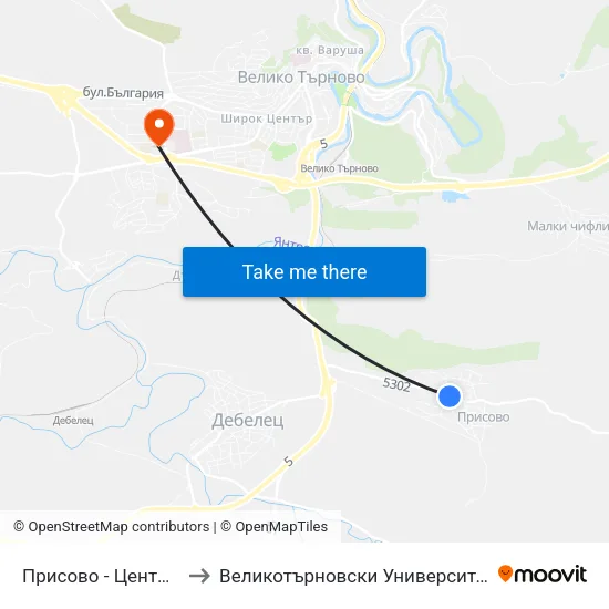 Присово - Център / Prisovo - Centre to Великотърновски Университет ""Св. Св. Кирил И Методий"" map