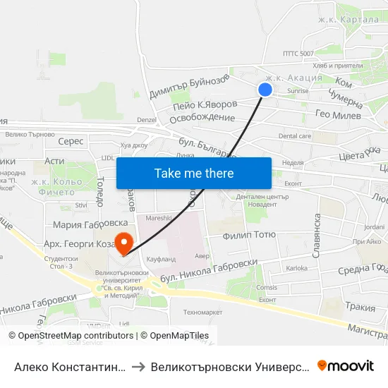 Алеко Константинов / Aleko Konstantinov to Великотърновски Университет ""Св. Св. Кирил И Методий"" map