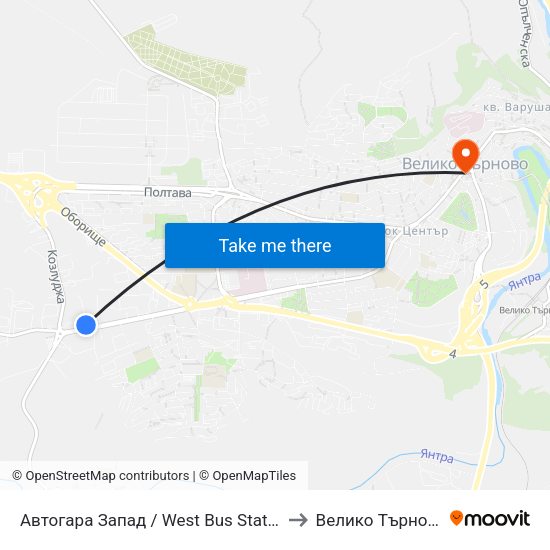 Автогара Запад / West Bus Station to Велико Търново map