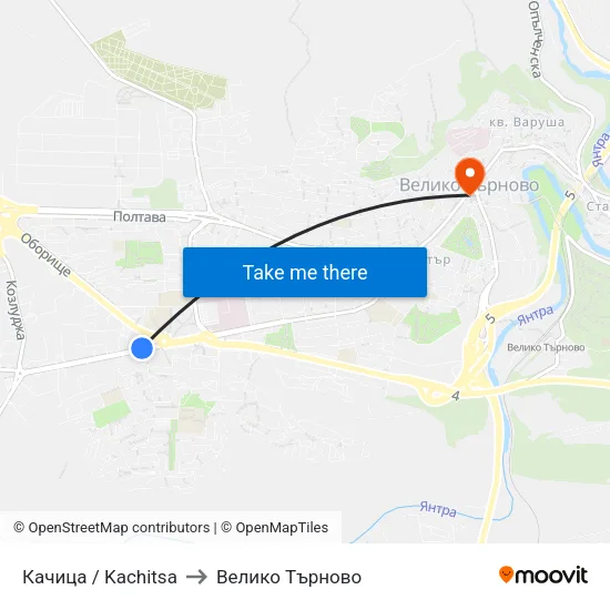Качица / Kachitsa to Велико Търново map