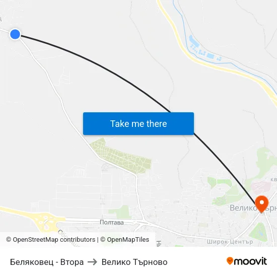 Беляковец - Втора to Велико Търново map