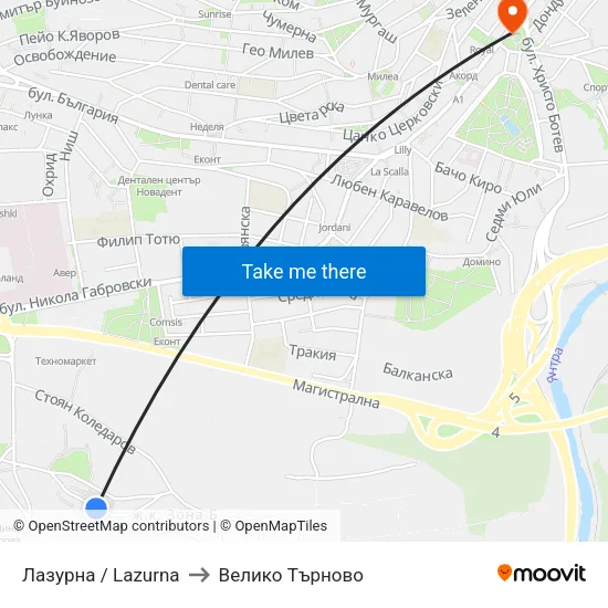 Лазурна / Lazurna to Велико Търново map