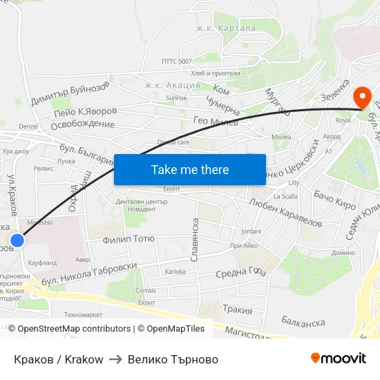 Краков / Krakow to Велико Търново map