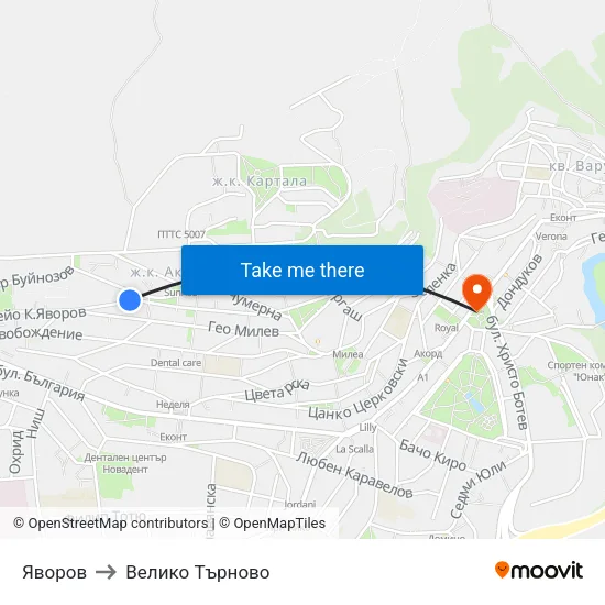 Яворов to Велико Търново map