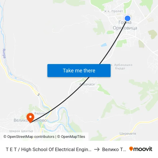 Т Е Т / High School Of Electrical Engineering And Electronics to Велико Търново map