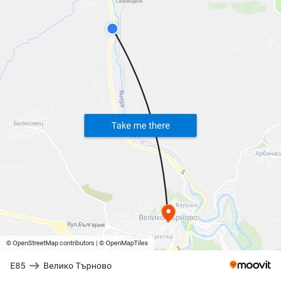E85 to Велико Търново map