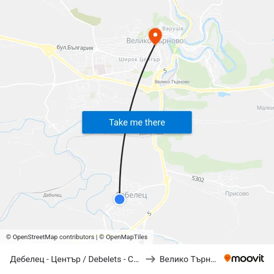 Дебелец - Център / Debelets - Centre to Велико Търново map