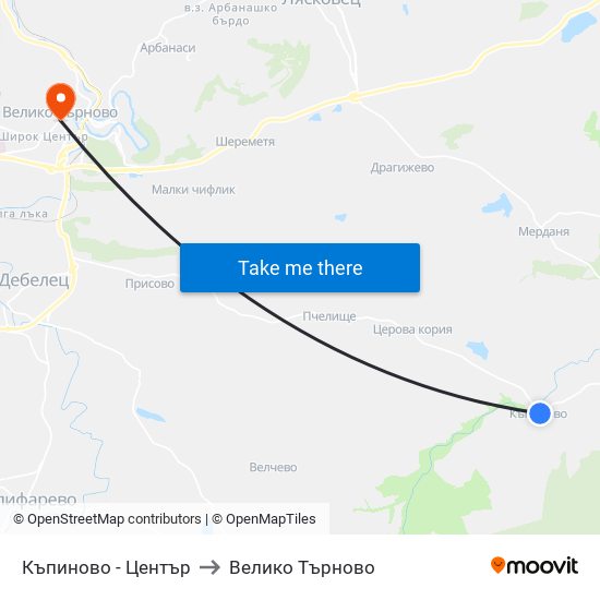 Къпиново - Център / Kapinovo - Centre to Велико Търново map