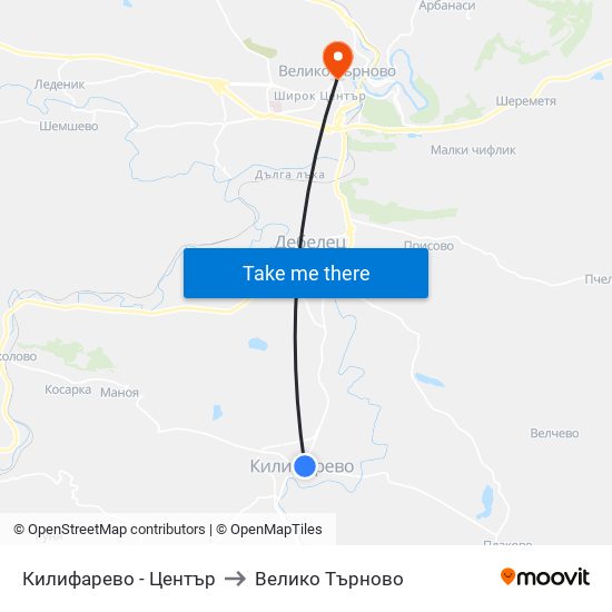 Килифарево - Център / Kilifarevo - Centre to Велико Търново map