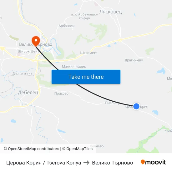 Церова Кория / Tserova Koriya to Велико Търново map