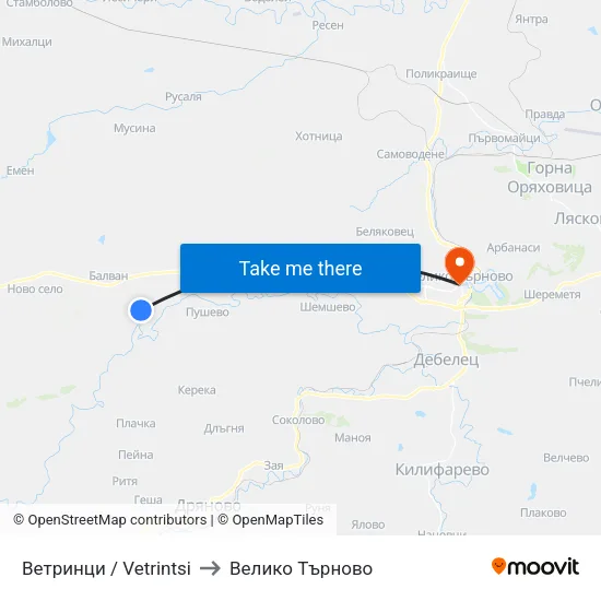Ветринци / Vetrintsi to Велико Търново map