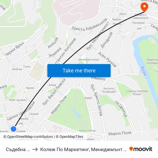 Съдебна Палата / Court Of Justice to Колеж По Маркетинг, Мениджмънт И Предприемачество map