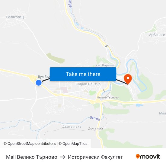 Mall Велико Търново to Исторически Факултет map