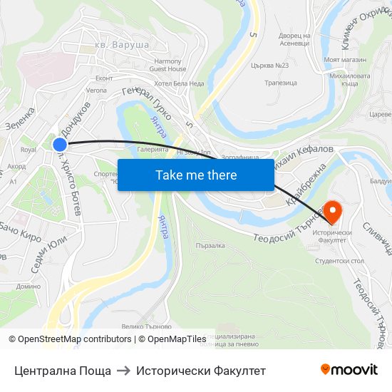 Централна Поща to Исторически Факултет map