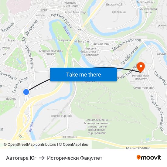 Автогара Юг / South Bus Station to Исторически Факултет map