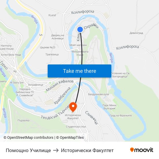 Помощно Училище / Aided School to Исторически Факултет map