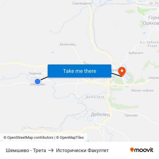 Шемшево - Трета (Веселата Спирка) / Shemshevo - Third to Исторически Факултет map